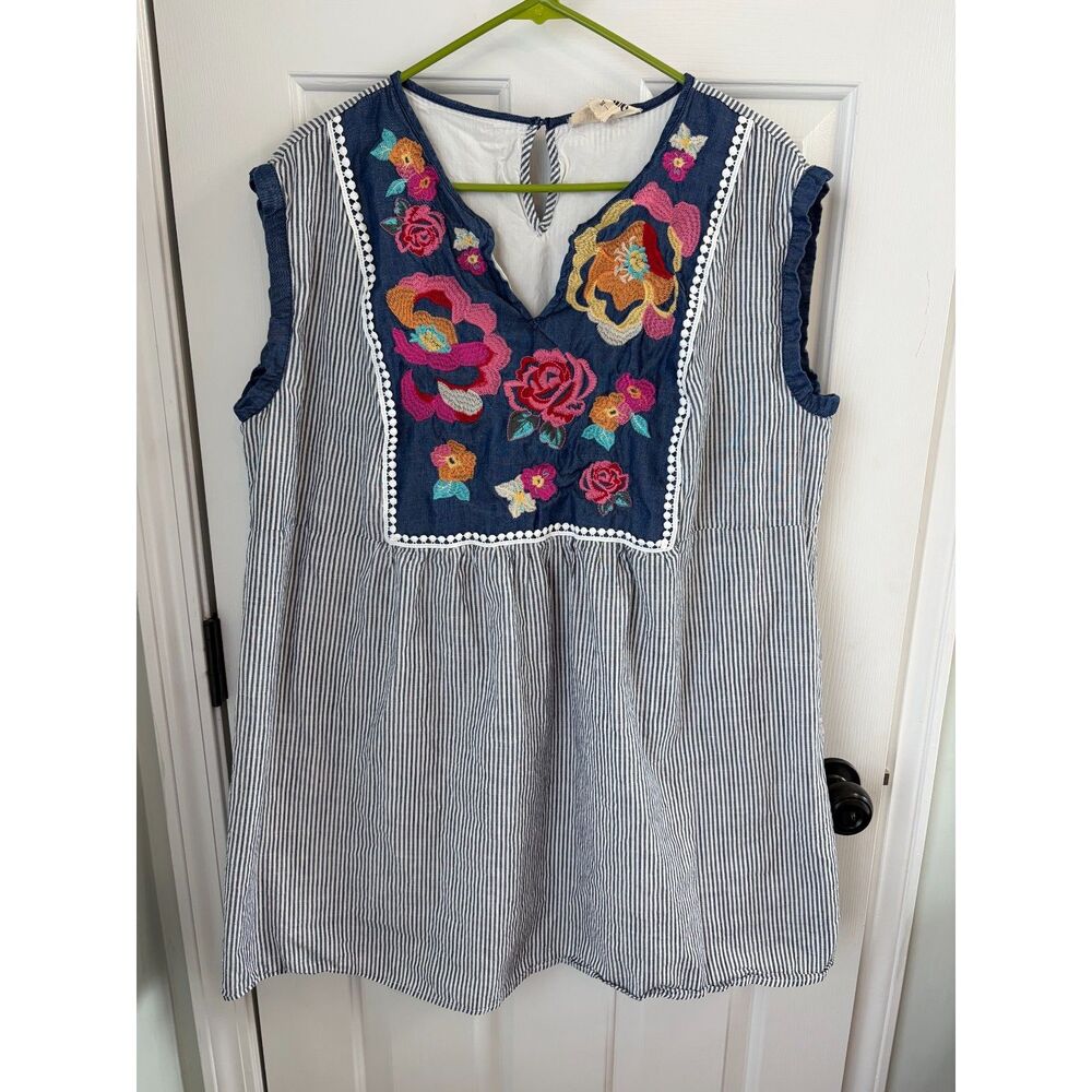 Savanna Jane Embroidered Floral Artsy Statement Striped Boho Tunic Top Size 1X
